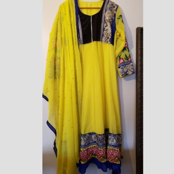 Royal Blue and Yellow Long Sleeve Anarkali Style Dress - Picture 1 of 3